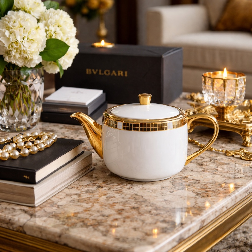 NIB BVLGARI Quadri Gold Teapot by Rosenthal | Authentic | Original Box